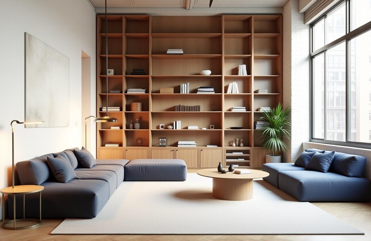 Handcrafted modular shelving units in a sunlight Flatbush loft