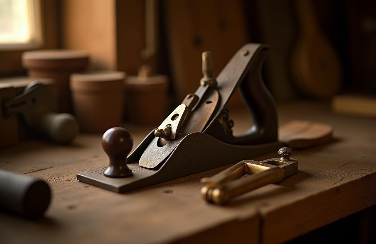Vintage woodworking tools on a rustic workbench