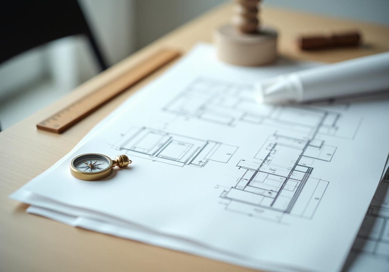 Close up of architectural blueprints and drafting tools