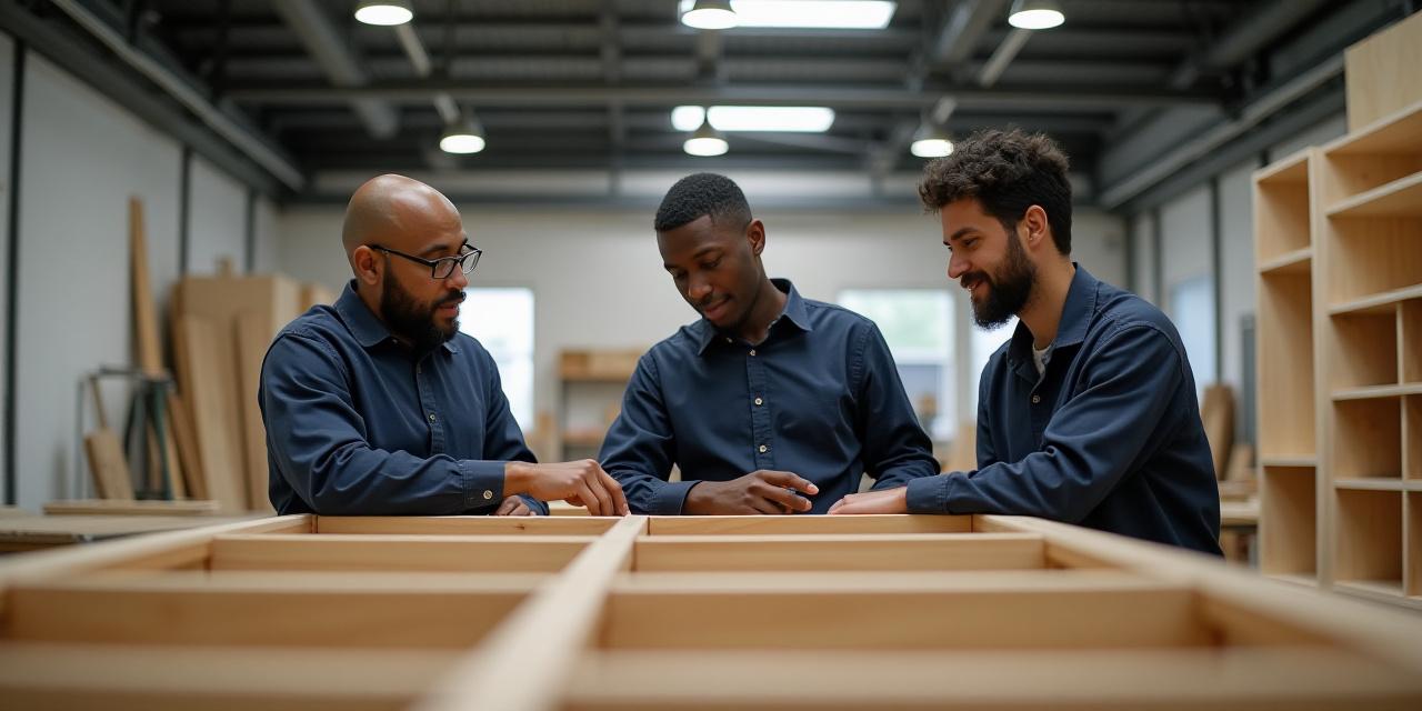 Team members collaborating on a modular furniture prototype
